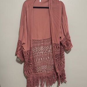 Target Fringed Crochet Open-Front Kimono Cardigan - Dusty Rose